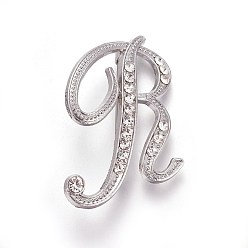 Platinum Alloy Brooches, with Rhinestone, Letter, Letter.R, Platinum, 48.5x31x3.5mm, Pin: 1mm