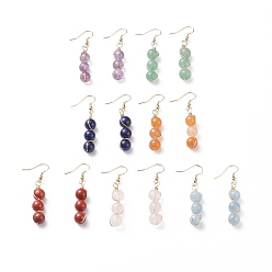 Mixed Stone 7 Pairs 7 Style Natural Mixed Gemstoone Round Beaded Dangle Earrings, Chakra Yoga Theme Brass Wire Wrap Jewelry for Women, 52mm, Pin: 0.7mm, 1 Pair/style