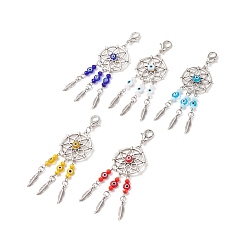 Mixed Color Woven Net/Web with Feather Tibetan Style Alloy Pendant Decorations, with Handmade Evil Eye Lampwork Bead & Alloy Lobster Claw Clasps, Clip-on Charms, Mixed Color, 90mm