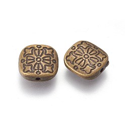 Antique Bronze Tibetan Style Alloy Beads, Lead Free & Cadmium Free, Square with Flower, Antique Bronze, 10.5x10.5x3.5mm, Hole: 1.5mm