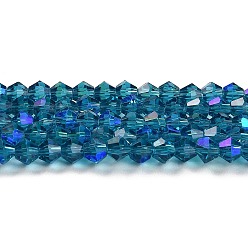 Steel Blue Transparent Electroplate Glass Beads Strands, AB Color Plated, Faceted, Bicone, Steel Blue, 4x4mm, Hole: 0.8mm, about 87~98pcs/strand, 12.76~14.61 inch(32.4~37.1cm)