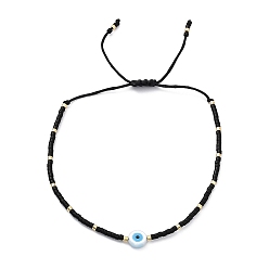 Noir Bracelet réglable en perles miyuki graine et résine mauvais œil tressé pour femme, noir, diamètre intérieur: 1-3/4~2-3/4 pouce (4.4~7.1 cm)