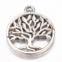 Antique Silver Brass Pendants, Flat Round with Tree of Life, Antique Silver, 18x15x2mm, Hole: 1.5mm