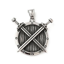 Antique Silver 304 Stainless Steel Pendants, Manual Polishing, Flat Round with Sword, Antique Silver, 37x40x6mm, Hole: 7x4mm