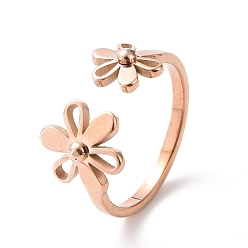 Oro Rosa Chapado en iones (ip) 304 anillo de puño abierto de flor de acero inoxidable para mujer, oro rosa, tamaño de EE. UU. 6~9 1/4 (16.5~19.1 mm)
