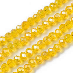 Or Perles en verre electroplate, de couleur plaquée ab , facette, rondelle, or, 4x3mm, Trou: 0.4mm, Environ 123~127 pcs/chapelet, 16.5~16.9 pouce (42~43 cm)