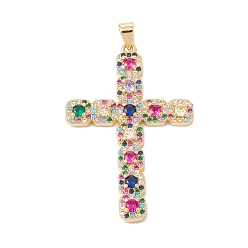 Real 18K Gold Plated Rack Plating Brass Micro Pave Colorful Cubic Zirconia Pendants, with Junp Ring, Cadmium Free & Nickel Free & Lead Free, Cross, Real 18K Gold Plated, 41x28x3mm, Hole: 5x3.5mm