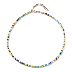 Colorful Rainbow Round Opaque Colours Glass Seed Beaded Necklaces, with Alloy Lobster Claw Clasps, Golden, Colorful, 15.07 inch(38.5cm)