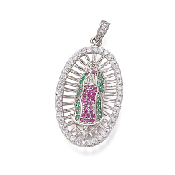 Platinum Religion Theme Brass Micro Pave Cubic Zirconia Pendants, Lady of Guadalupe Charms, Oval with Virgin Mary, Colorful, Platinum, 31.5x17.5x3mm, Hole: 2.5x4mm