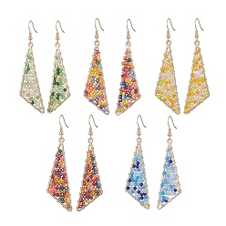 Mixed Color Glass Beaded Triangle Dangle Earrings, Golden 304 Stainless Steel Wire Wrap Jewelry for Women, Mixed Color, 74mm, Pin: 0.7mm