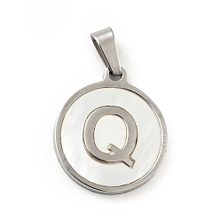 Letter Q 304 Stainless Steel with White Shell Pendants, Stainless Steel Color, Flat Round with Letter Charm, Letter.Q, 18x16x1.5mm, Hole: 3x6mm