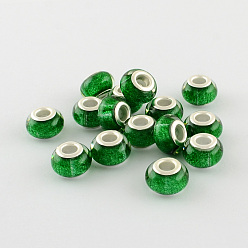 Vert  Perles européennes en résine de grand trou, avec couleur argent plaqué doubles noyaux de cuivre, rondelle, verte, 14x9mm, Trou: 5mm
