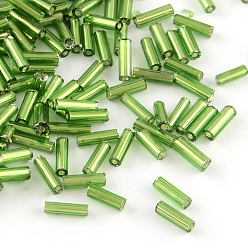 Green Glass Bugle Beads, Silver Lined, Green, 4~4.5x2mm, Hole: 1mm, about 450g/bag, 14000pcs/bag