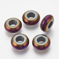 Plateado Púrpura Perlas de hematita sintética no magnética galvanizada, abalorios de grande agujero, Rondana plana, púrpura chapado, 14x6 mm, agujero: 6 mm