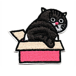 Black Computerized Embroidery Cloth Iron on/Sew on Patches, Costume Accessories, Appliques, Cat with Box, Black, 50x53mm