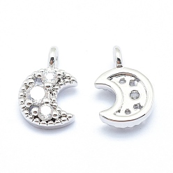 Real Platinum Plated Brass Charms, with Cubic Zirconia, Lead Free & Cadmium Free & Nickel Free, Moon, Clear, Real Platinum Plated, 11x7x3mm, Hole: 1.5mm