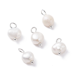 White Natural Cultured Freshwater Pearl Charms, with Platinum Brass Ball Head pins, Oval, White, 10~12x6.5~8x4~5.5mm, Hole: 2.3~2.6mm