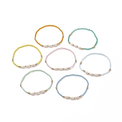 Mixed Color 7Pcs 7 Color Natural Shell & Seed & Brass Beaded Stretch Bracelets Set for Women, Mixed Color, Inner Diameter: 2 inch(5.15cm), 1Pc/color
