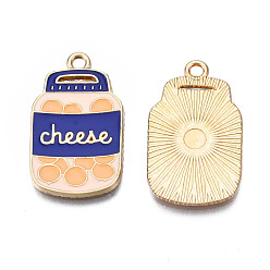 Blue Rack Plating Alloy Enamel Pendants, Cadmium Free & Nickel Free & Lead Free, Bottle with Word Cheese, Blue, 26x15.5x1.5mm, Hole: 1.8mm