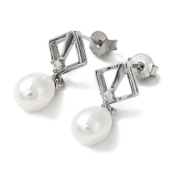 Platinum Cubic Zirconia Rhombus with Natural Pearl Dangle Stud Earrings, Rhodium Plated 925 Sterling Silver Earrings for Women, Platinum, 22x9.5mm