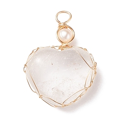 Quartz Crystal Natural Quartz Crystal & Freshwater Pearl Pendants, with Real 18K Gold Plated Copper Wire Wrapped, Heart, 33~36.5x24.5x8.5~11.5mm, Hole: 4mm