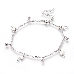 Stainless Steel Color 304 Stainless Steel Charm Anklets, Dolphin and Round, Stainless Steel Color, 9-1/4 inch(23.5cm), 2mm