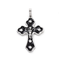 Black Eco-friendly Rack Plating Brass Micro Pave Cubic Zirconia Pendants, with Enamel, Cadmium Free & Lead Free, Long-Lasting Plated, Platinum, Religion Cross with Angel Charm, Black, 32.5x22.5x2.5mm, Hole: 3.5x6mm