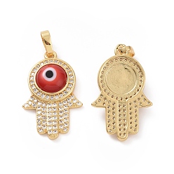 Red Brass Micro Pave Cubic Zirconia Pendants, with Handmade Evil Eye Lampwork, Hamsa Hand Charm, Real 18K Gold Plated, Red, 25x16x5mm, Hole: 4x6.5mm