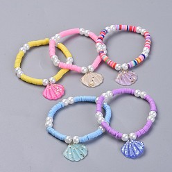 Mixed Color Eco-Friendly Handmade Polymer Clay Heishi Beads Kids Stretch Bracelets, with Glass Pearl and Resin Paillette Pendants, Shell, Mixed Color, 1-3/4 inch(4.5cm)