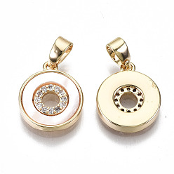 Real 18K Gold Plated Natural Sea Shell Charms, with Brass Snap On Bails and Clear Cubic Zirconia, Nickel Free, Flat Round, Real 18K Gold Plated, 13x11x2mm, Hole: 2.5x3mm