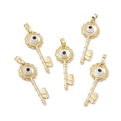 Clear Handmade Evil Eye Lampwork Pendants, with Rack Plating Real 18K Gold Plated Brass Findings, Long-Lasting Plated, Flower Key with Heart, Clear, 33x12x3.5mm, Hole: 4x7mm