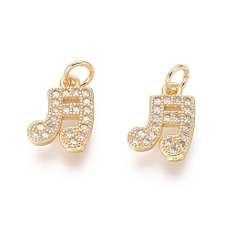 Clear Golden Plated Brass Charms, with Cubic Zirconia and Jump Rings, Musical Note, Clear, 11x8x1.5mm, Hole: 2.5mm