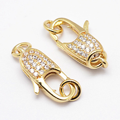 Real 18K Gold Plated Brass Micro Pave Grade AAA Cubic Zirconia Lobster Claw Clasps, Lead Free & Nickel Free & Cadmium Free, Real 18K Gold Plated, 19x10x6mm, Hole: 3mm