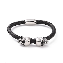 Stainless Steel Color 304 Stainless Steel Skull Beaded Bracelet with Magnetic Clasps, Black Leather Braided Cord Punk Wristband for Men Women, Stainless Steel Color, 8-3/8 inch(21.3cm)