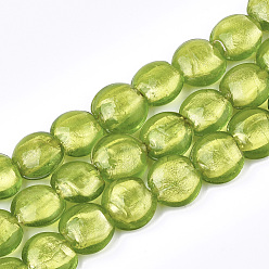Vert Jaune Main feuille de perles de verre de Murano en argent, plat rond, vert jaune, 12~13.5x11.5~13.5x7.5~8.5mm, Trou: 1~2mm