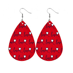 Word Red Imitation Leather Teardrop Dangle Earrings for Valentine's Day, Word, 80x40mm