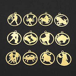 Golden 201 Stainless Steel Pendant, Laser Cut, Ring with 12 Constellations, Golden, 20x17.5x1mm, Hole: 1.4mm, 12pcs/set