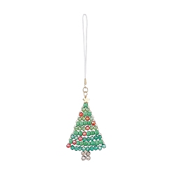 Christmas Tree Christmas Glass Seed Beaded Pendant Decorations, Braided Nylon Thread Hanging Ornaments, Christmas Tree, 128mm