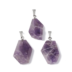 Amethyst Natural Amethyst Pendants, Faceted Polygon Charms, with Stainless Steel Color Plated 201 Stainless Steel Snap on Bails, 21~29x16~23x6~8mm, Hole: 2x7mm