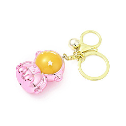 Pink Acrylic Spaceman Pendant Keychain, with Light Gold Tone Alloy Findings and Sonance Brass Bell, Cadmium Free & Lead Free, Pink, 9.6cm
