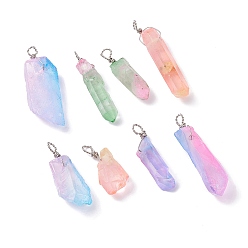 Mixed Color Electroplate Natural Quartz Crystal Pendants, Dyed, with Copper Wire Wrapped, Nuggets, Faceted, Mixed Color, 34.5~54x8.5~18x8.5~10.5mm, Hole: 3.7~4.3mm