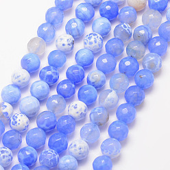 Bleu Bleuet Brins de perles d'agate craquelée de feu naturel, ronde, Grade a, facette, teints et chauffée, bleuet, 8mm, Trou: 1mm, Environ 47 pcs/chapelet, 15 pouce