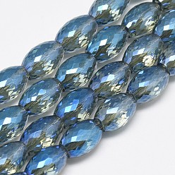 Dodger Blue Electroplate Glass Beads Strands, Rainbow Plated, Faceted, Oval, Dodger Blue, 11~12x8mm, Hole: 1mm, about 60pcs/strand, 27.56 inch