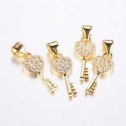 Real 18K Gold Plated Long-Lasting Plated Brass Micro Pave Cubic Zirconia Pendants, Heart Key, Real 18K Gold Plated, 18x7x2.5mm, Hole: 3.5mm