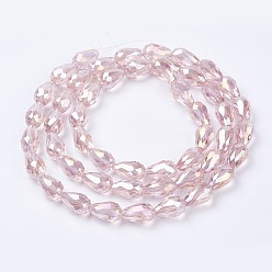 Pink Electroplate Glass Beads Strands, AB Color Plated, Faceted Teardrop, Pink, 7x5mm, about 65~67pcs/strand, 18~18.5 inch(45.5~46.9cm)