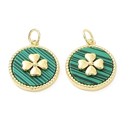 Real 18K Gold Plated Rack Plating Natural Malachite Pendants, Brass Flat Round Charms with Clover, Cadmium Free & Lead Free, Real 18K Gold Plated, 17x14.5x4mm, Hole: 3.4mm