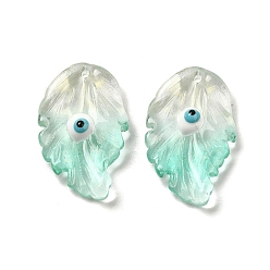 Aquamarine Transparent Glass with Enamel Pendants, Leaf with Evil Eye Charms, Aquamarine, 28x17x5.5~6mm, Hole: 1.2~1.4mm