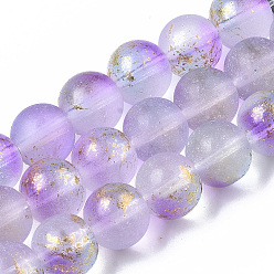 Pourpre Moyen Brins de perles de verre peintes à la bombe givrée, avec une feuille d'or, ronde, support violet, 10~11mm, Trou: 1.4~1.6mm, Environ 39~42 pcs/chapelet, 14.84 pouces ~ 15.27 pouces (37.7~38.8 cm)