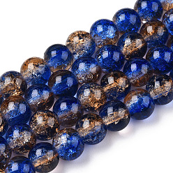 Bleu Brins de perles de verre transparentes peintes à la cuisson craquelée bicolore, ronde, bleu, 8mm, Trou: 1.5mm, Environ 108~110 pcs/chapelet, 30.71 pouces ~ 31.50 pouces (78~80 cm)