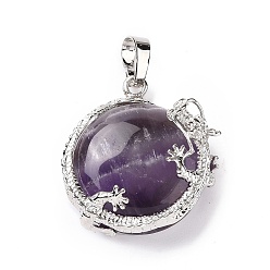 Amethyst Natural Amethyst Pendant, with Brass Finding, Half Round with Dragon, Platinum, 28~33x25~28x15~16mm, Hole: 5x8mm